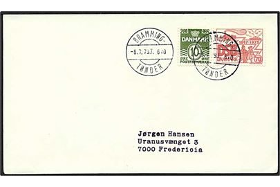 10 øre Bølgelinie og 70 øre DSB jubilæum på brev annulleret med bureaustempel Bramming - Tønder T.610 d. 6.7.1979 til Fredericia.