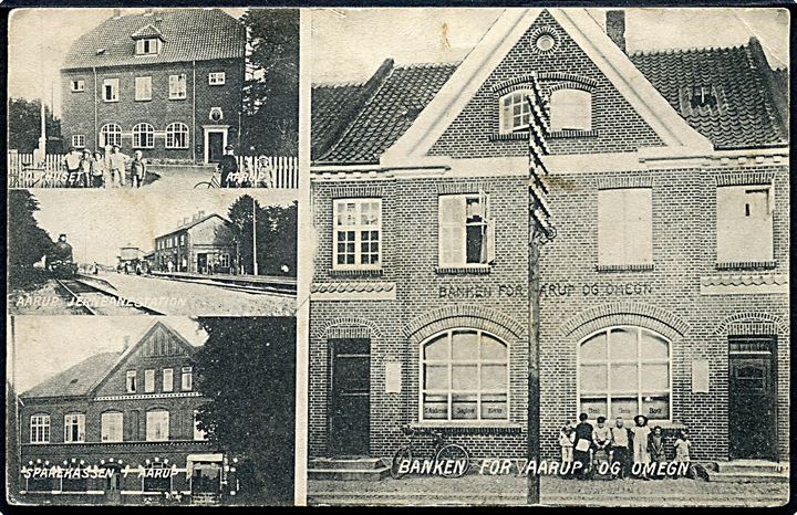 Aarup, partier med jernbanestation, posthus, banken for Aarup og Omegn og Sparekassen. H. Schmidt u/no.