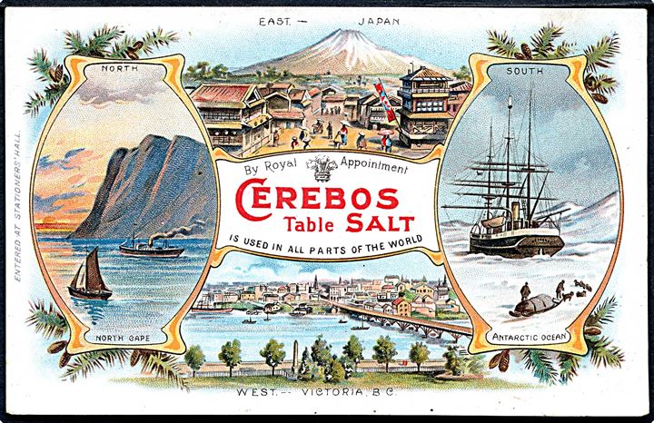 Reklamekort for “Cerebos Table Salt” benyttet i Norge (Nordkap), Sydpolen, Japan og Victoria, Canada. U/no.