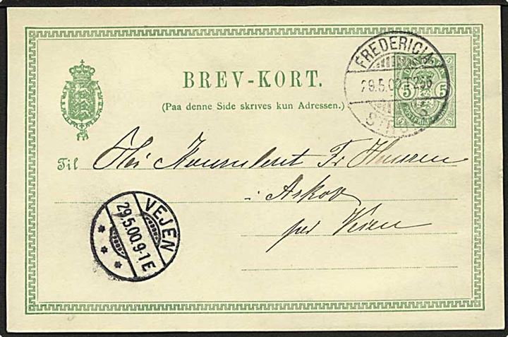 5 øre helsagsbrevkort fra Gjørding annulleret med bureaustempel Fredericia - Struer T.256 d. 29.5.1900 til Askov pr. Vejen.