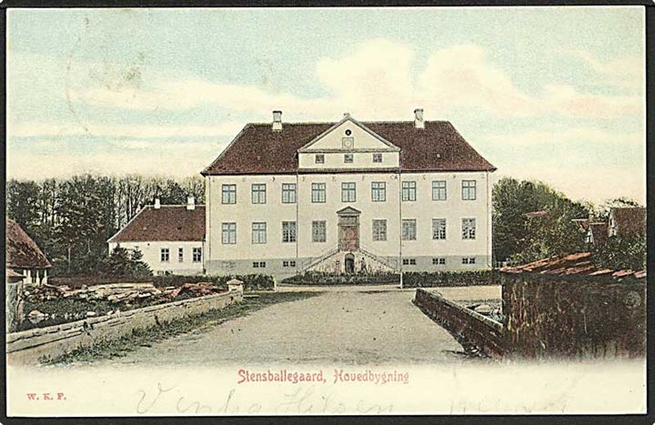 Hovedbygningen af Stensballegaard. W.K.F. u/no. Fredericia / Aalborg Ie tog nr. 953 bureaustempel.