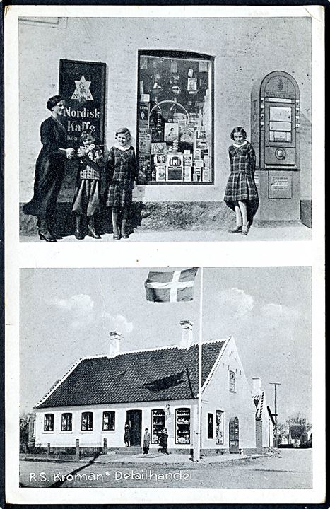 Strynø, R. S. Kroman’s Detailhandel. Stenders no. 69273. Anvendt på Strynø 1935.