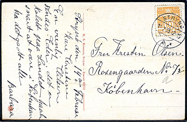 Strynø, R. S. Kroman’s Detailhandel. Stenders no. 69273. Anvendt på Strynø 1935.