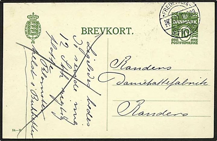 10 øre helsagsbrevkort (fabr. 84-H) fra Varde annulleret med bureaustempel Fredericia - Struer T.1029 d. 30.3.1927 til Randers.