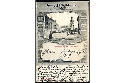 Odense, Avishilsen “Fyens Stiftstidende” med rådhus og St. Knuds kirke. H. Grupe u/no.