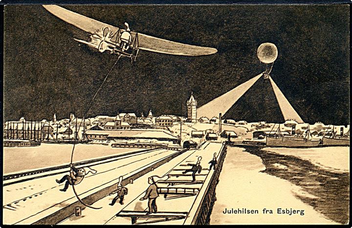 Esbjerg, “Nisser i gadebilledet” med havn, flyver og ballon. Tegnet af Hans Viggo Vestergaard. C.I.C. no. I.11.