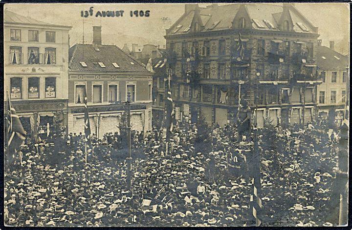 Bergen, Unionsafstemningen d. 13.8.1905. Fotokort u/no. stemplet Bureau de Mer Bergen-Newcastle.