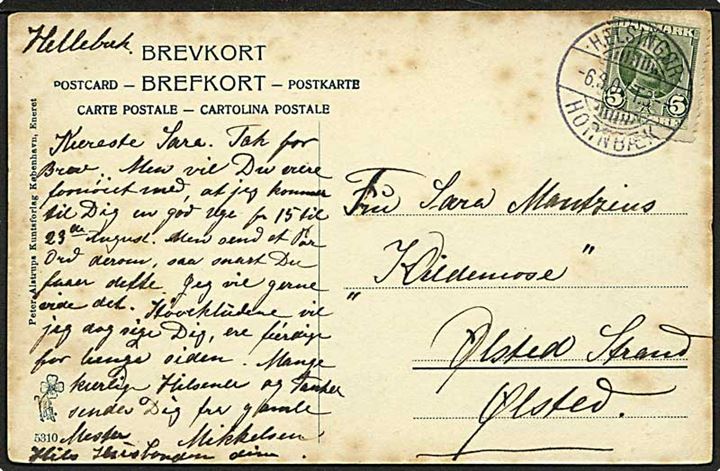 5 øre Fr. VIII på brevkort fra Hellebæk annulleret med bureaustempel Helsingør - Hornbæk T.3 d. 6.8.1907 til Ørslev.