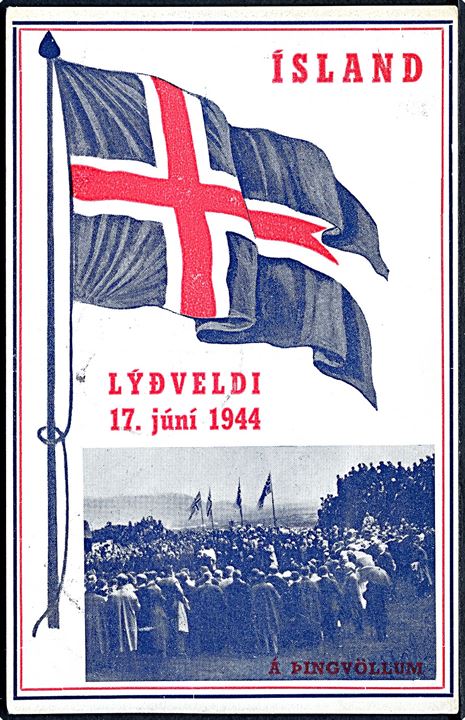 Islands uafhængighed 17.6.1944 m. flag og Thingvalla. Helgi Arnason u/no. FDC kort stemplet 17.6.1944.