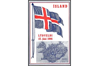 Islands uafhængighed 17.6.1944 m. flag og landkort. Helgi Arnason u/no. FDC kort stemplet 17.6.1944.