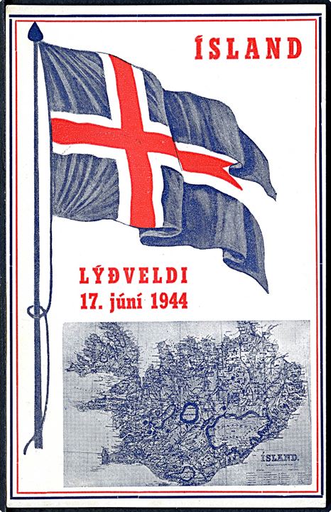 Islands uafhængighed 17.6.1944 m. flag og landkort. Helgi Arnason u/no. FDC kort stemplet 17.6.1944.