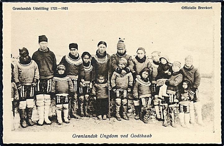 Grønlandsk Udstilling 1721-1921. Grønlandsk Ungdom i Godthaab. Officielt Brevkort. Stenders u/no.