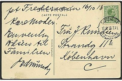 5 øre Chr. X på brevkort fra Fredericia annulleret med bureaustempel Kjøbenhavn - Fredericia T.44 d. 16.10.1918 til København.