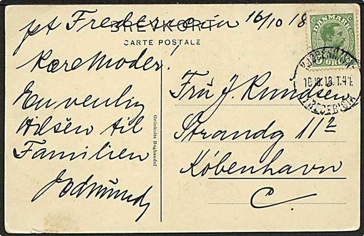 5 øre Chr. X på brevkort fra Fredericia annulleret med bureaustempel Kjøbenhavn - Fredericia T.44 d. 16.10.1918 til København.