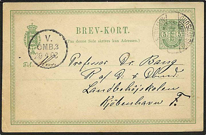 5 øre Våben helsagsbrevkort dateret Thurebyholm annulleret med bureaustempel Kjøbenhavn - Masnedsund T.82 d. 28.4.1902 til København.