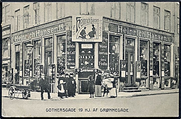 Købh., Gothersgade 19 hj. af Grønnegade med Heinrich Hansens skotøjsforretning. Elite Lystryk u/no.