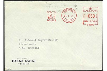 60 øre firmafranko frankeret brev fra Føroya Banki Tórshavn d. 21.3.1970 til Marstal. 