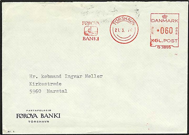 60 øre firmafranko frankeret brev fra Føroya Banki Tórshavn d. 21.3.1970 til Marstal. 