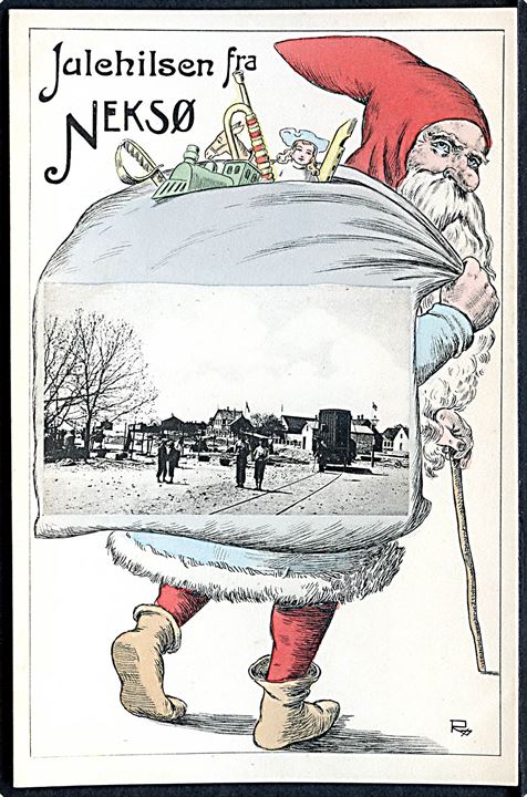 Neksø, Julemand med motiv i julesæk af Carl Røgind. Colbergs no. 7729.