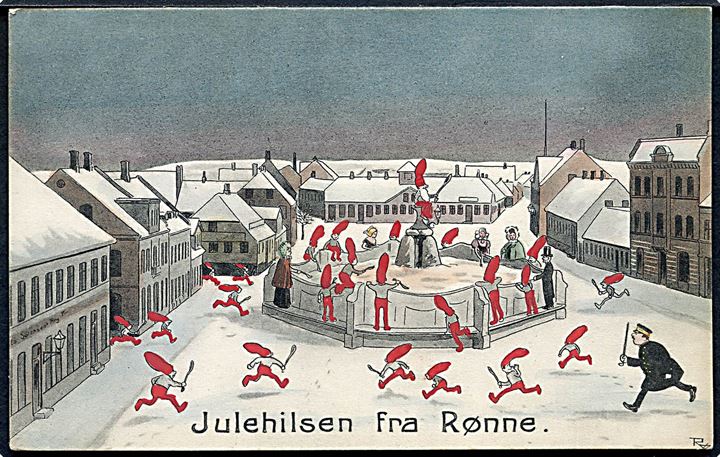 Rønne, nisser danser på torvet af Carl Røgind. F. Sørensen no. 12673.