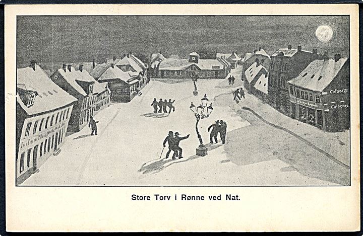 Rønne, Store Torv ved nat med Colberg’s boghandel. Formodenligt af Carl Røgind. u/no.