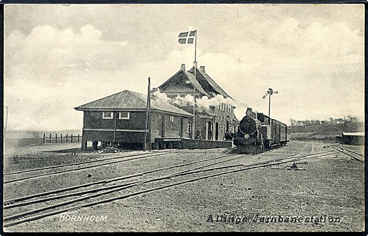 Allingen, jernbanestation med damptog. Colbergs u/no. Oprindeligt fejltrykt “Tejn Jernbanestation”.