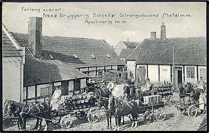Neksø, Bryggeri med hestevogne. Reklamekort u/no.