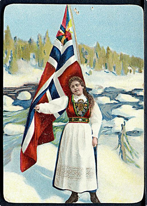 Kvinde i folkedragt med flag. Kartonkort 8x11 cm. u/no. Nålehul.
