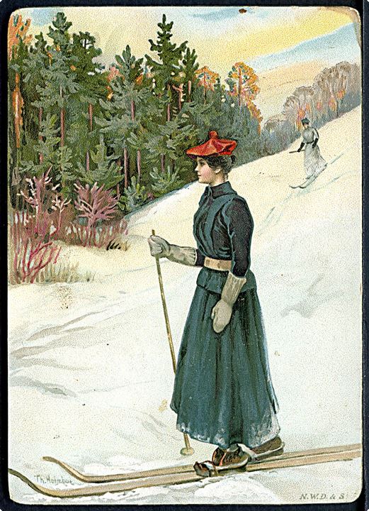 Holmboe, Th.: “Kvinde på ski”. Kartonkort 10x14 cm. N.W.D. & S. u/no.