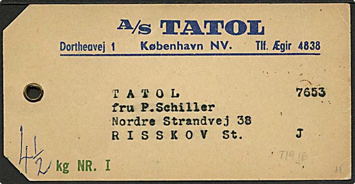 Danske Statsbaner fragtmærke 120 øre med perfin TL og 5 øre uden perfin på bagsiden af manilamærke fra A/S Tatol, København NV ca. 1939 til Risskov.