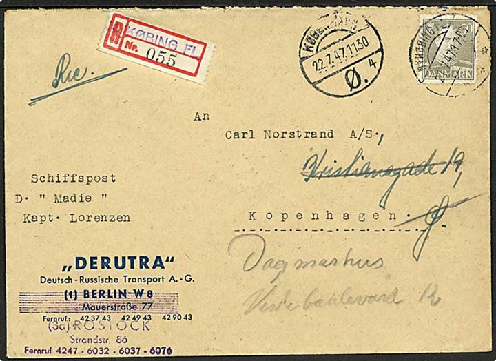 50 øre Chr. X single på anbefalet skibsbrev fra Rostock stemplet Nykøbing Fl. d. 21.7.1947 til København. Påskrevet: Schiffspost D. Madie Kapt. Lorenzen.