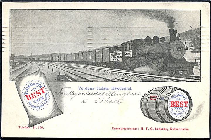 Reklame. Pillsbury - Verdens bedste Hvedemel med tog. Fra Bageriudstillingen i Tivoli 1906. U/no. 