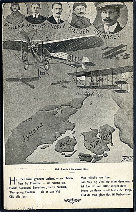 Danmarks-flyvningen 1911 med Poulain, Severinsen, Thorup, Nielsen og Svendsen. O. Strandberg u/no.