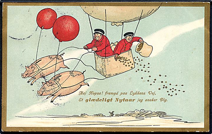 Stenders u/no. Postbude i luftballon. “Glædeligt Nytaar”. Tegnet af Alfred Schmidt.