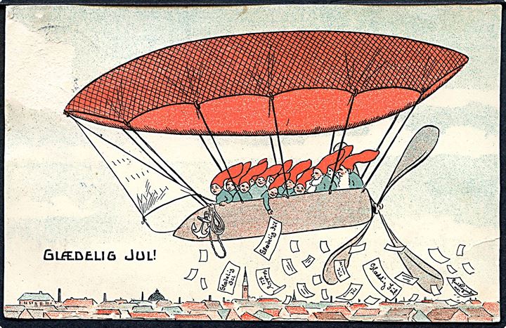 Nisser i Luftskib. “Glædelig Jul””. L. Christensen no. 570. Skramme på forsiden. Tegnet af Carl Røgind.
