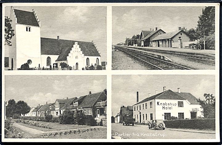 Knabstrup, partier med bl.a. jernbanestation og hotel. P. Andersen no. 1493-20847-48-49.