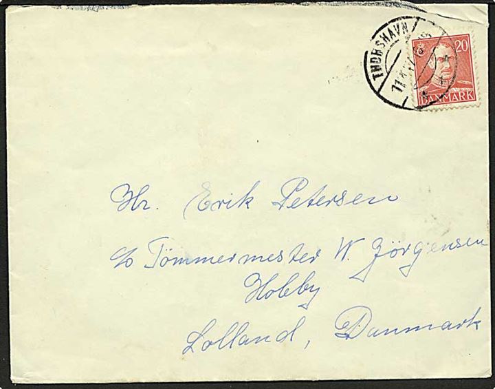 20 øre Chr. X på brev fra Thorshavn d. 11.4.1947 til Holeby, Danmark.