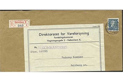 60 øre Chr. X med perfin V på brevforside fra anbefalet brev fra Direktoratet for Vareforsyning i København d. 12.11.1947 til Feldborg.