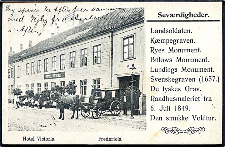 Fredericia, Vendersgade 20 med Hotel “Victoria” med liste over byens seværdigheder. U/no.
