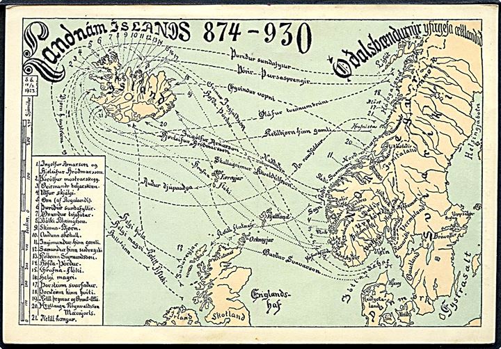 Landnám Islands 874-930. Landkort og ruter. Tegnet af Samuel Eggertsson u/no.