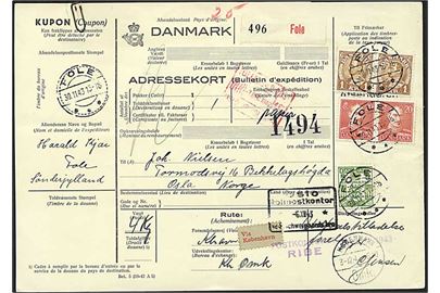 20 øre (2) og 1 kr. (2) Chr. X, samt 5 øre Gebyrmærke på internationalt adressekort for pakke fra Fole d. 30.11.1943 til Bekkelagshøgda, Norge. 