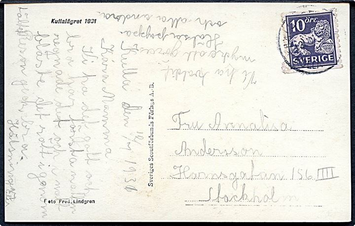 Sveriges Scoutförbund - Kullalägret 1931. U/no. Svagt stempel Hälsingborg * Kullalägret * 13.7.1931.