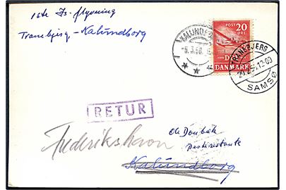 20 øre DDL på filatelistisk Is-luftpost brevkort stemplet Tranebjerg Samsø d. 20.2.1956 til poste restante i Kalundborg. Returneret til Frederikshavn som ikke afhentet.