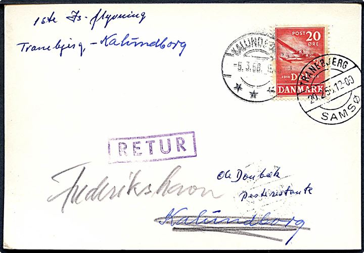 20 øre DDL på filatelistisk Is-luftpost brevkort stemplet Tranebjerg Samsø d. 20.2.1956 til poste restante i Kalundborg. Returneret til Frederikshavn som ikke afhentet.