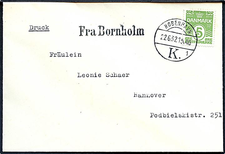 5 øre Bølgelinie på skibspost tryksag annulleret København K. d. 22.6.1932 og sidestemplet Fra Bornholm til Hannover, Tyskland.