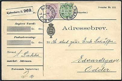 5 øre og 15 øre Våben på adressebrev for pakke annulleret med lapidar Kjøbenhavn II d. 2.7.1903 til Odder.