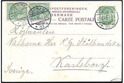 Blandingsfrankering med dansk 5 øre Våben og tysk 5 pfg. Germania (par) på brevkort fra København annulleret i Berlin d. 24.8.1904 til Karlsberg, Sverige.