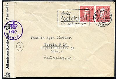 20 øre Chr. X i parstykke på brev fra København d. 14.1.1947 til Berlin, Tyskland. Dansk efterkrigscensur (krone)/657/Danmark.