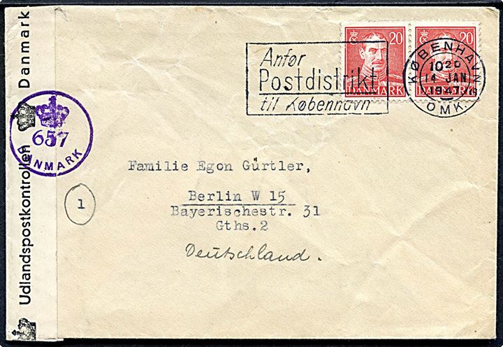 20 øre Chr. X i parstykke på brev fra København d. 14.1.1947 til Berlin, Tyskland. Dansk efterkrigscensur (krone)/657/Danmark.