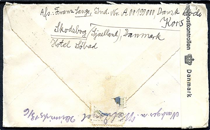 10 øre Chr. X i fireblok på brev fra flygtning i Røde Kors Lejr Hotel Søbad i Skodsborg d. 24.5.1946 til Gangelt, Tyskland - eftersendt. Åbnet af dansk efterkrigscensur (krone)/653/Danmark.